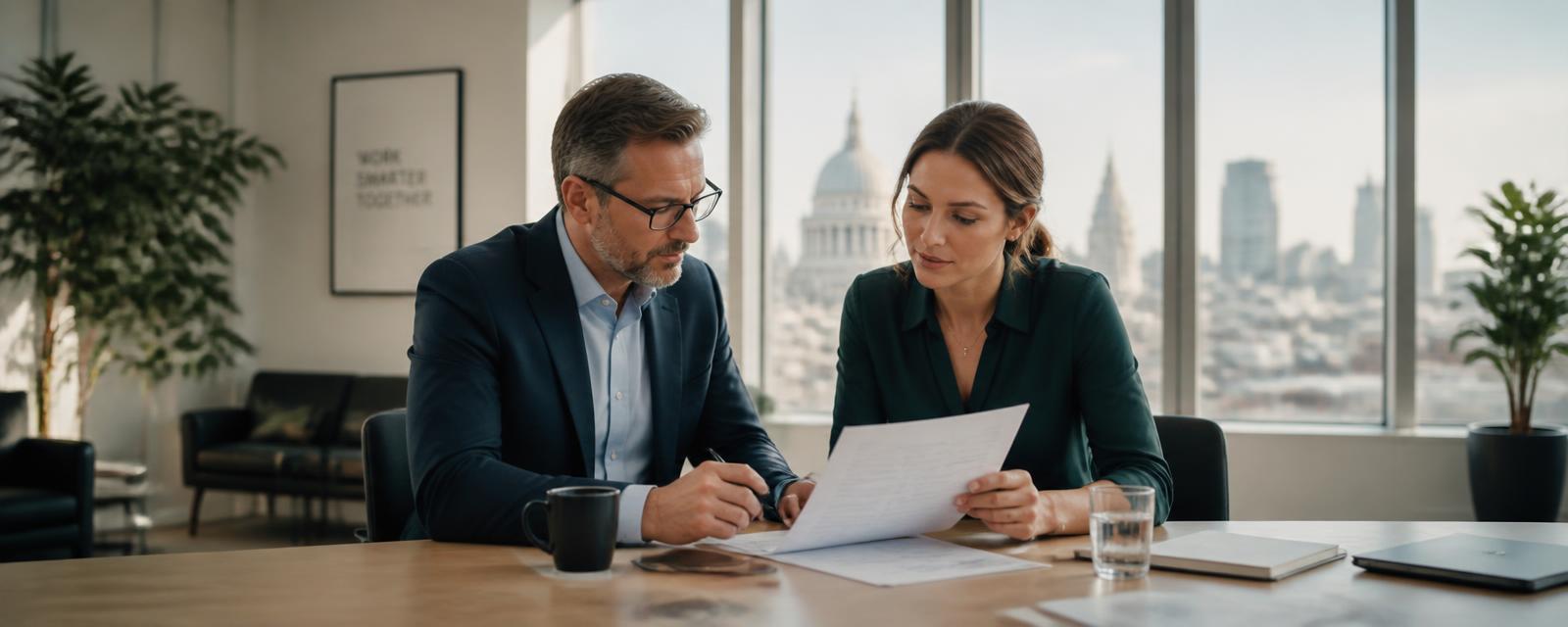 Two colleagues reviewing documents together at a table in a bright office
